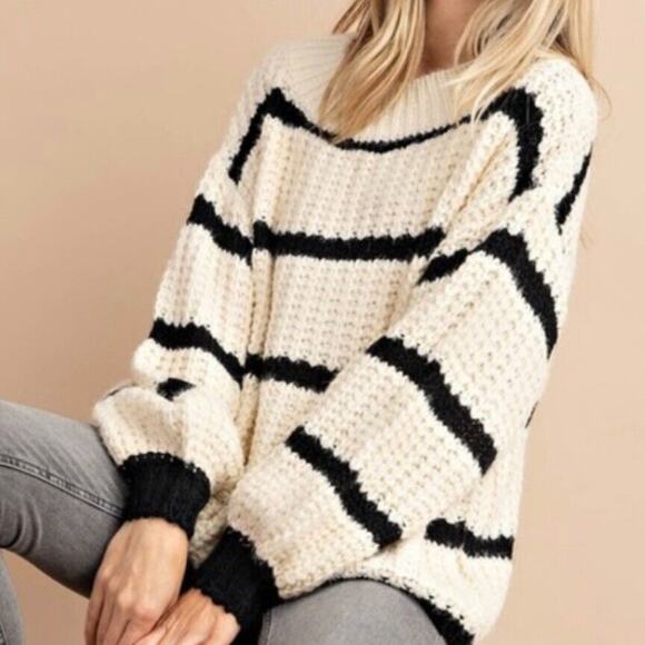 Kori America Sweater Size Medium Slouchy Boxy Ivory Black Striped Balloon Sleeve - Picture 2 of 10